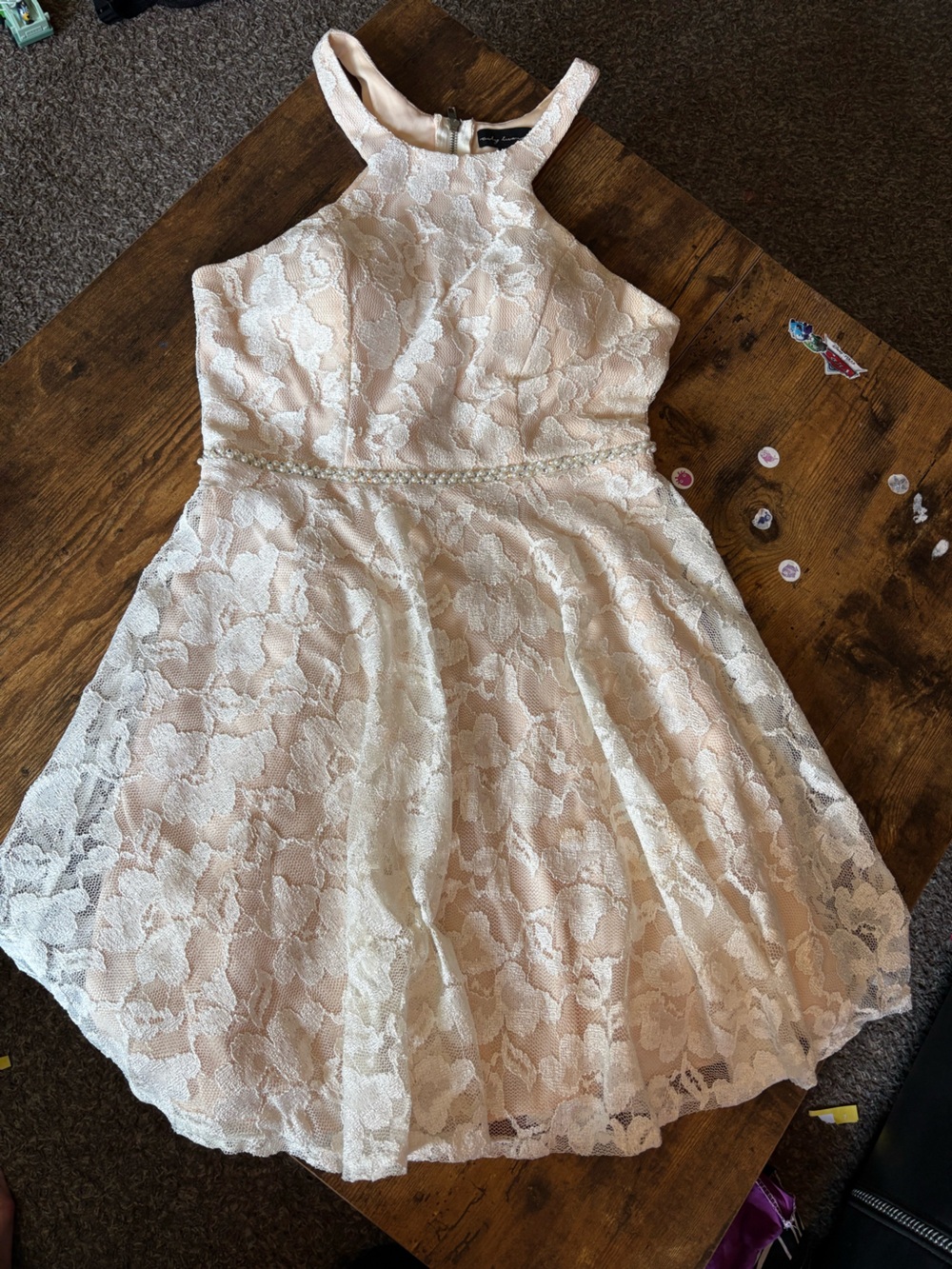 Lindy Bop Ivory Lace Halter Dress with Beaded Waistband